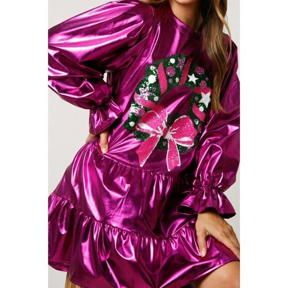 Fantastic Fawn Christmas Barbie Holiday Wreath Mini Dress Magenta IFKD54535-01 - Picture 4 of 10